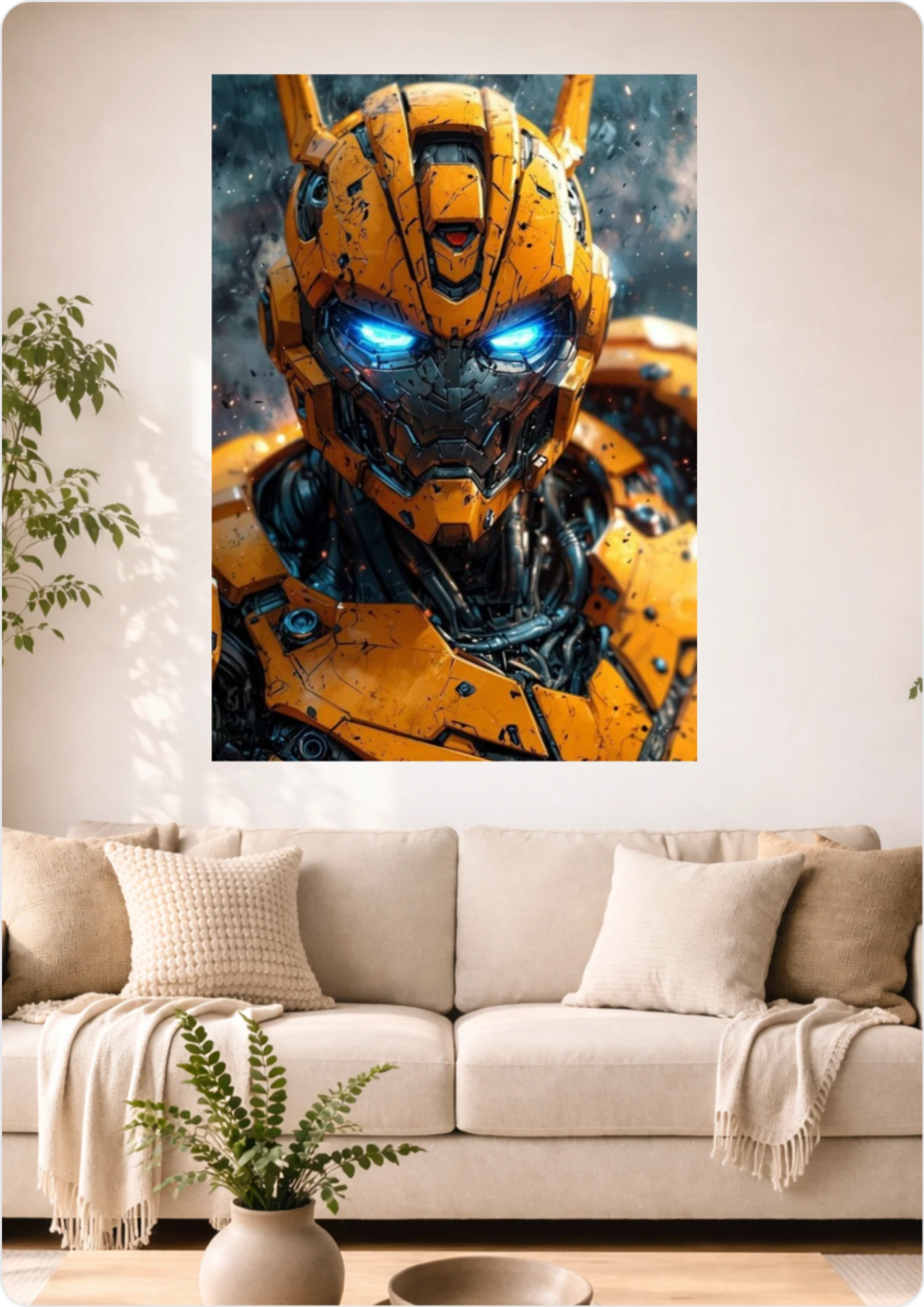 Affiche Robot Futuriste Jaune aux Yeux Bleus A3 Sans Cadre – Poster Science-Fiction Cybernétique